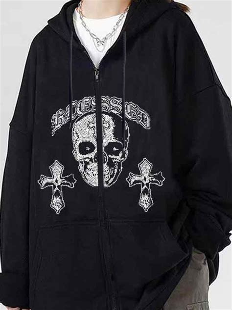 Emmiol Free Shipping 2024 Skull Print Rhinestone Zip Up Oversized