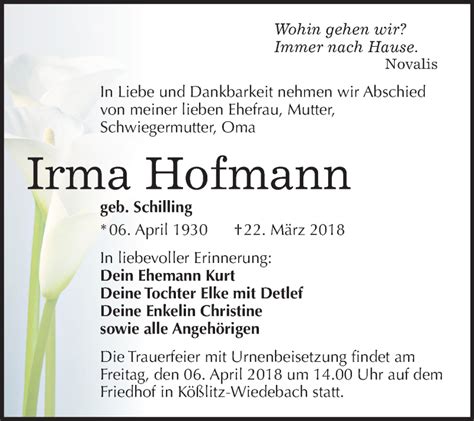 Traueranzeigen Von Irma Hofmann Abschied Nehmen De