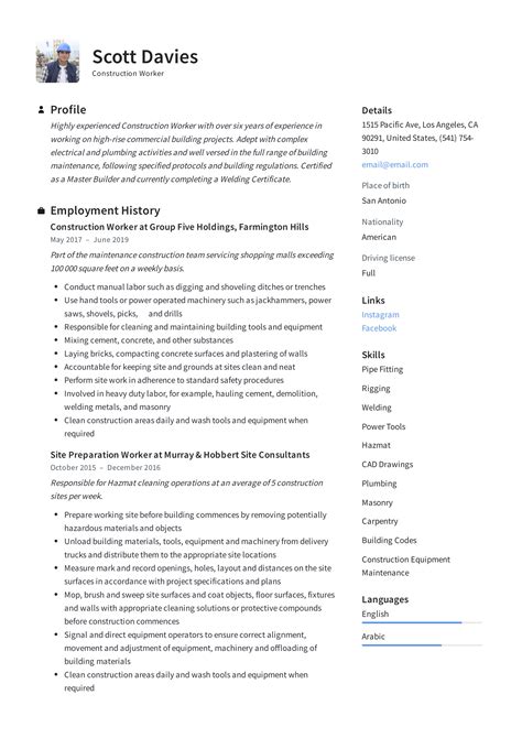 Construction Worker Resume And Writing Guide 12 Templates 2019