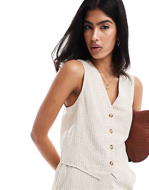 Asos Design Waistcoat With Linen In Natural Check Co Ord Asos