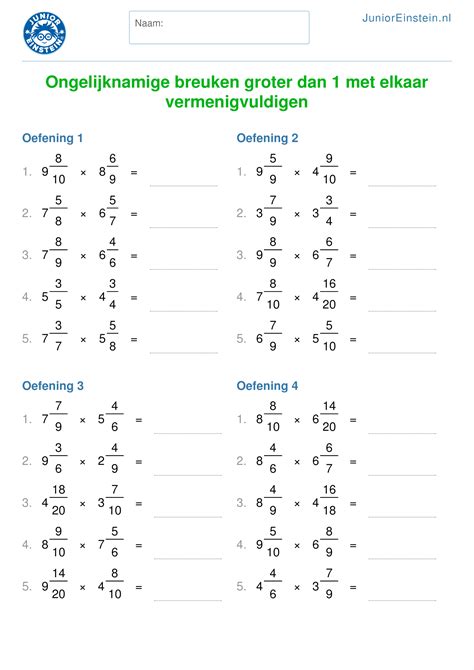 Werkblad Ongelijknamige Breuken Groter Dan 1 Met Elkaar