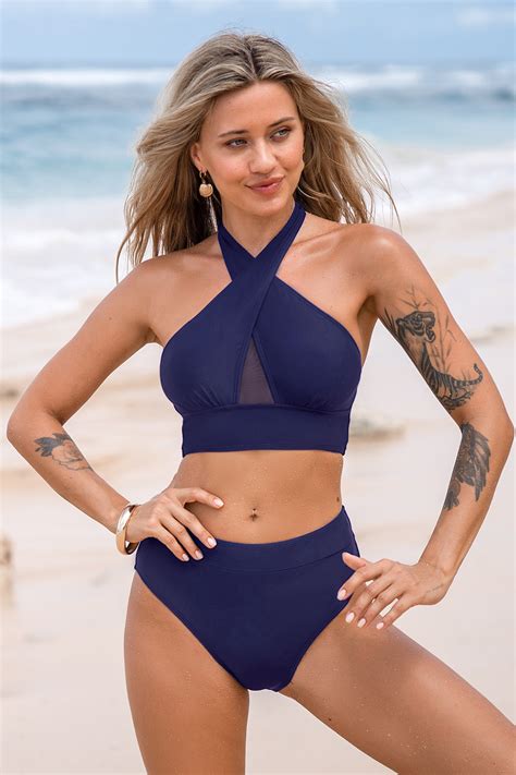 Escaping Crossover Halter Bikini Top Standard Bottoms Set