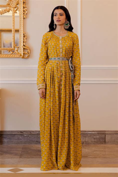 Buy Yellow Gown Cotton Silk Embroidery Round Floral Print For Women By