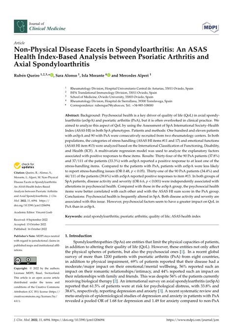 Pdf Non Physical Disease Facets In Spondyloarthritis An Asas Health