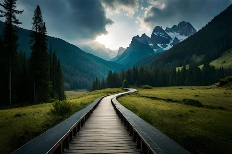 Premium AI Image A Long Wooden Path Leading To A Mountain Landscape