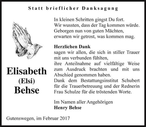 Traueranzeigen Von Elisabeth Elsi Behse Abschied Nehmen De