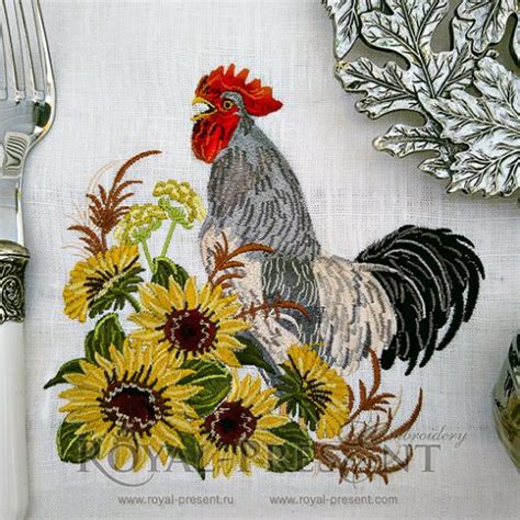 Machine Embroidery Design Rooster In A Thicket Of Sunflowers Royal