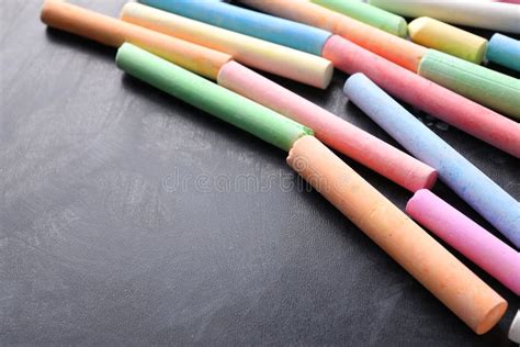 Pieces Of Color Chalk On Blackboard Stock Photo Image Of Announcement