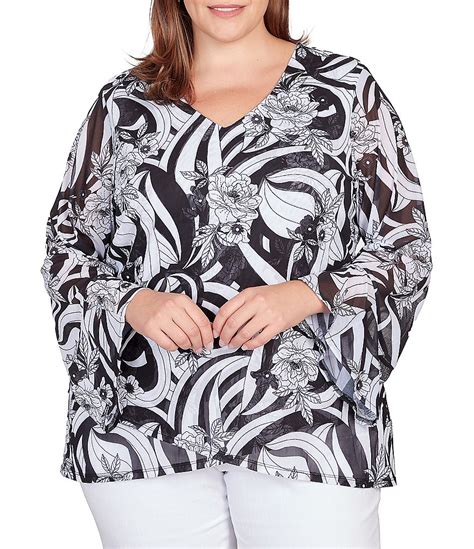 Ruby Rd Plus Size Floral Mesh V Neck Long Flounce Sleeve Top Dillards