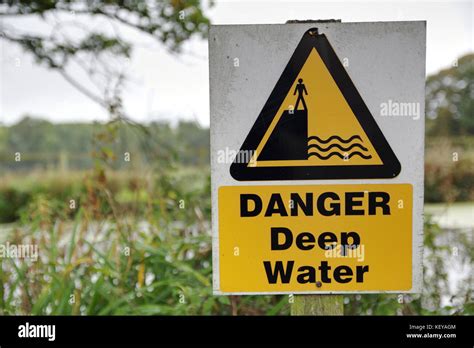 Old Yellow And Black Danger Deep Water Sign At The Lake Stock Photo Alamy