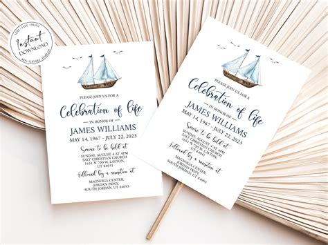 Celebration Of Life Watercolor Nautical Sailboat Funeral Invitation Te Peacefulmemorydesign