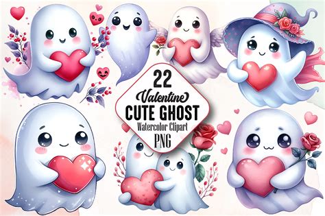 Cute Ghost Valentine Watercolor Clipart Graphic By Robertsart