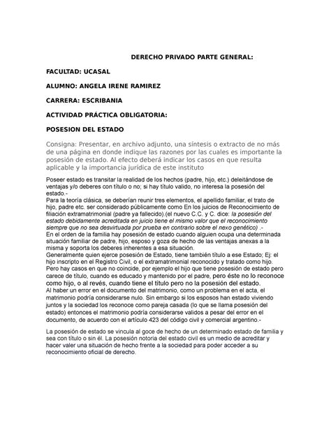 Trabajo Practico N Posesion Del Estado Copia Derecho Privado