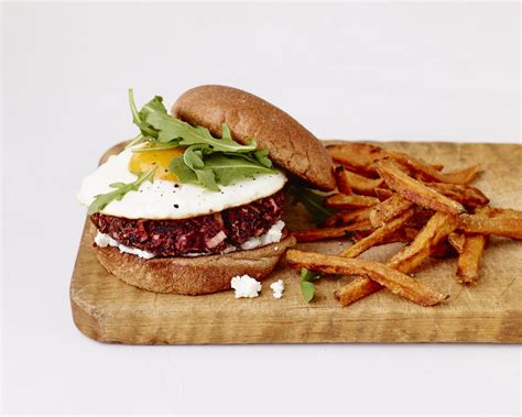 Beeten Egg Veggie Burgers With Sweet Potato Fries Jamie Geller