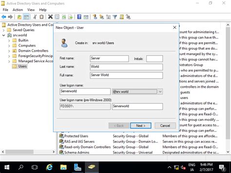 Windows Server 2016 Active Directory Add User Accounts Server World