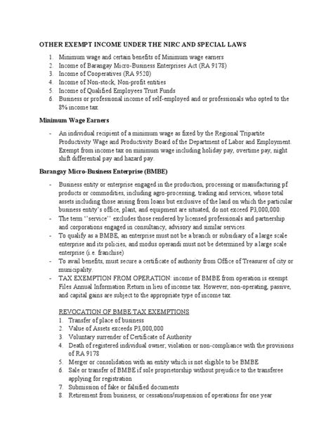 Other Exempt Income Under The Nirc And Special Laws Pdf Tax