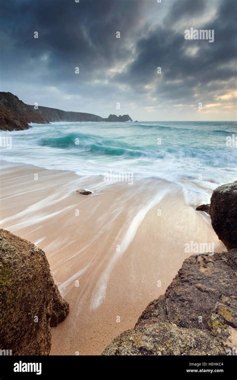 Porthcurno Beach Dawn Cornwall Uk Stock Photo Alamy