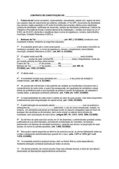 Exemplo De Contrato Social De Sociedade Limitada Preenchido Novo Exemplo