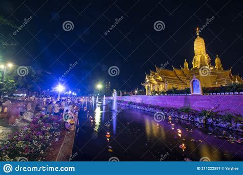 People Float Lanterns In The River To Worship River Goddess In Loy