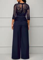 Rotita Round Neck Lace Panel Three Quarter Sleeve Jumpsuit Rotita