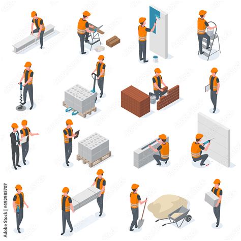 Vecteur Stock Isometric Construction Workers Builders And Engineer