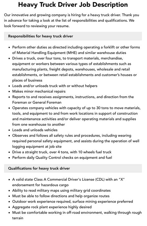 Heavy Truck Driver Job Description Velvet Jobs