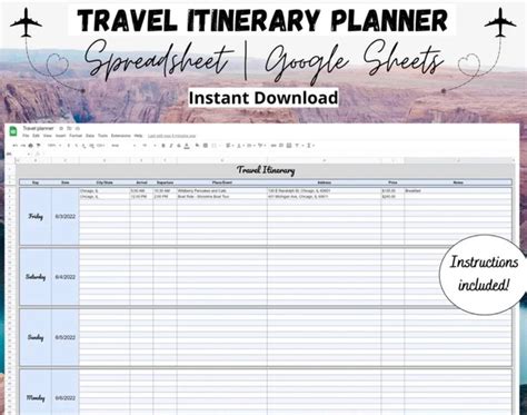 Travel Itinerary Planner Spreadsheet Google Sheets Instant