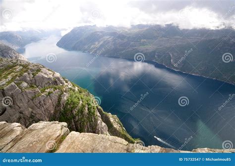 View From Lysefjord Ferry To The Lusebotn Town Under The Mountains