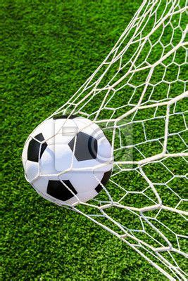 A Soccer Ball Is In The Goal Net On Green Grass Close Up View From Above