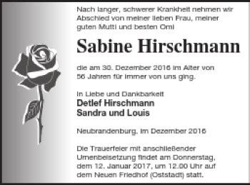 Traueranzeigen Von Sabine Hirschmann Trauer Nordkurier