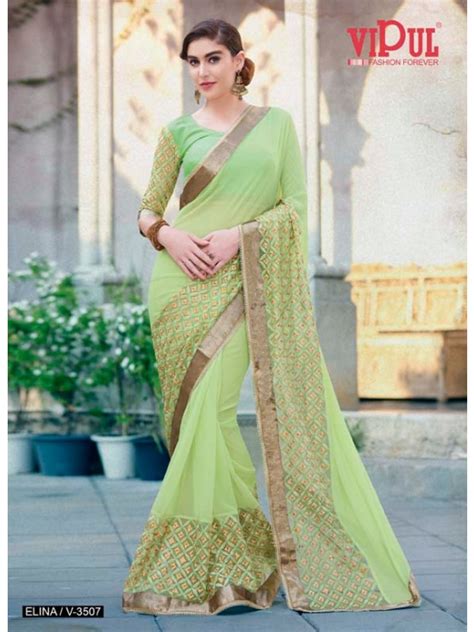 Designer Light Green Saree With Elegant Gold Embroidery Work Immediate