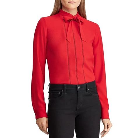 Nwt Womens Size 10 Lauren Ralph Lauren Red Tie Neck Long Sleeve Blouse