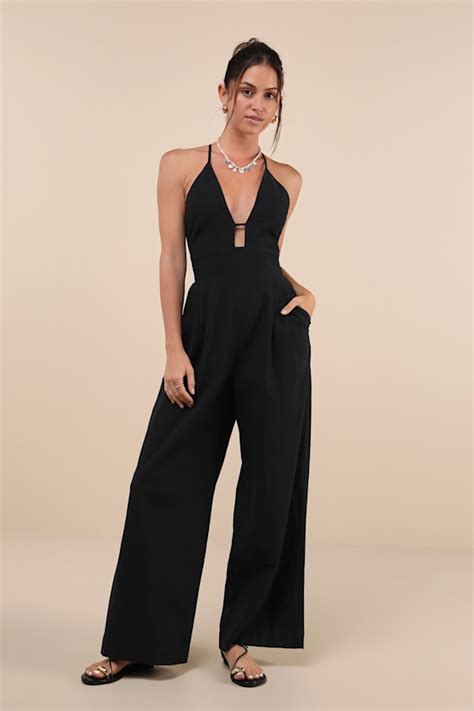 Black Linen Jumpsuit Lace Up Jumpsuit Backless Jumpsuit Lulus