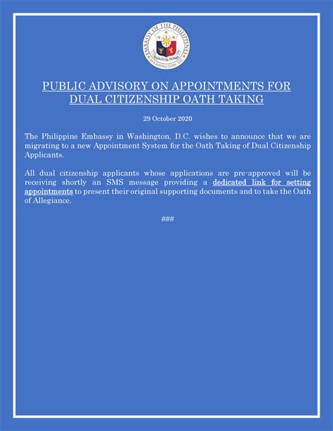 Public Advisory On Appointments For Dual Citizenship Oath Taking Embassy Of The Republic Of