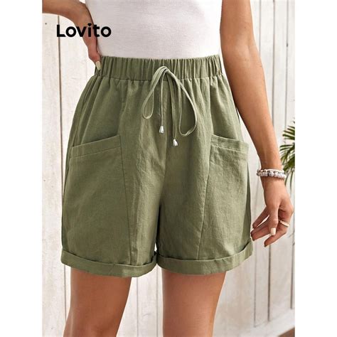 Lovito Shorts Plissados Casuais Lisos Renda Para Mulheres Lne