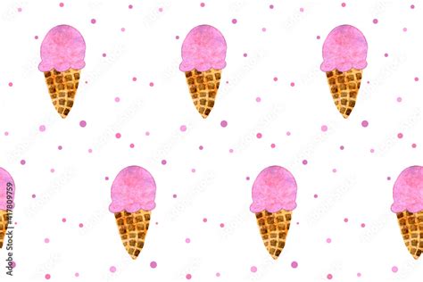 Seamless Pattern With Pink Strawberry Ice Cream Cone On White Board