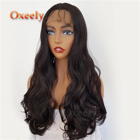 Oxeely Dark Brown Body Wave Synthetic Lace Front Wigs Long Hair Lace