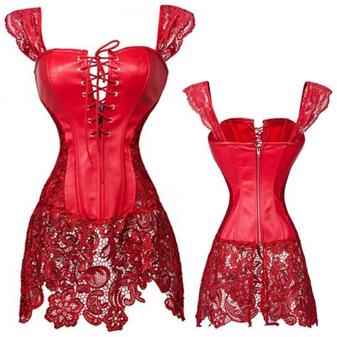 Plus Size Sexy Corset Black Red Lace Shoulder Strapandhem Faux Leather