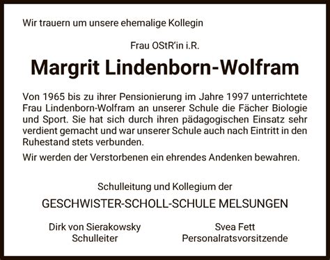 Traueranzeigen Von Margrit Lindenborn Wolfram Trauer Hna De