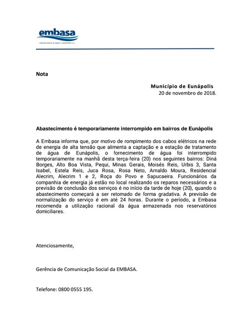 Nota De Esclarecimento Da Embasa Abastecimento Temporariamente