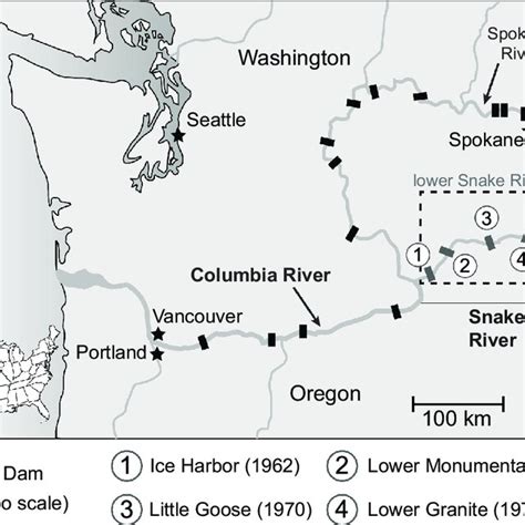 Locations of the four lower Snake River dams (LSRD) within the Columbia ...