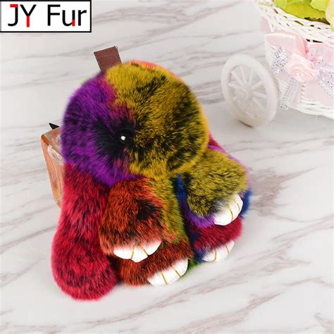 15cm Cute Fluffy Bunny Keychain Genuine Rex Rabbit Fur Key Chains For