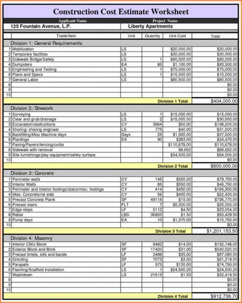 Construction Costs Spreadsheet — Db