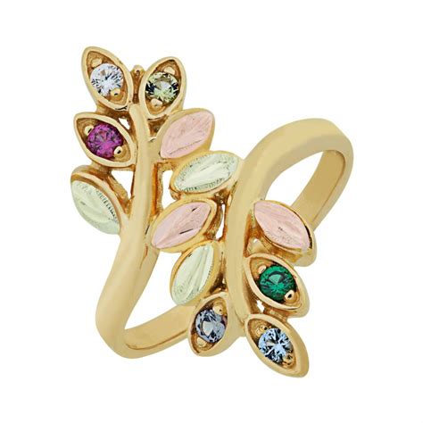 Black Hills Gold Vine and Leaf Ring with 4 Genuine Birthstones - G 945-4-GN