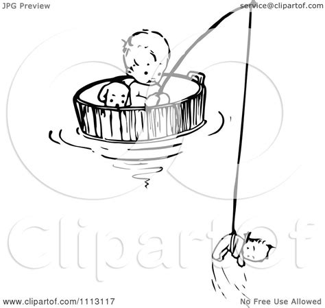 Clipart Vintage Black And White Baby Floating And Fishing In A Barrel