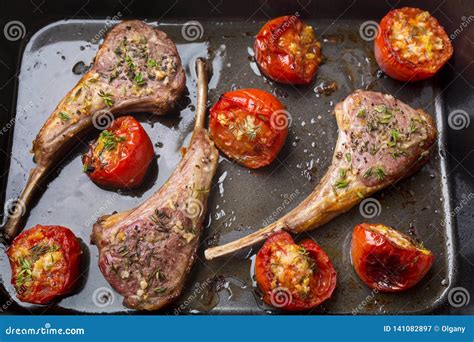 Spicy Roasted Lamb Cutlets With Tomatoes Stock Image Image Of Italian