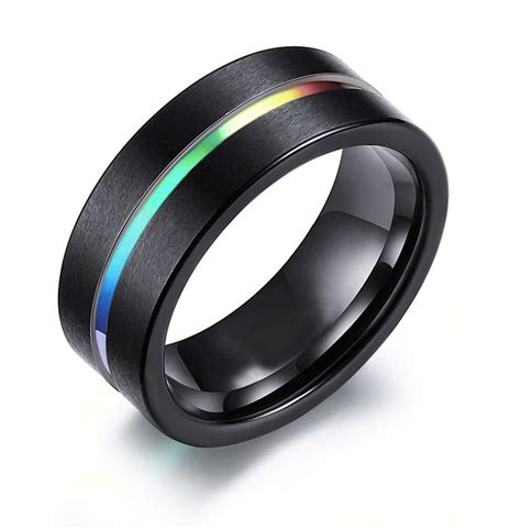 Rainbow Anodized Black Tungsten Carbide Steel Ring Gay And Lesbian