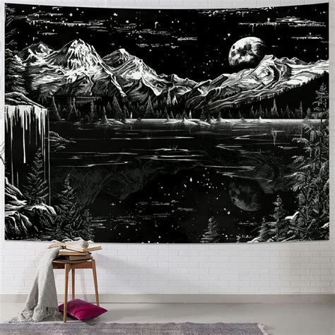 Bciig Black And White Tapestry Starry Night Mountain Tapestries For