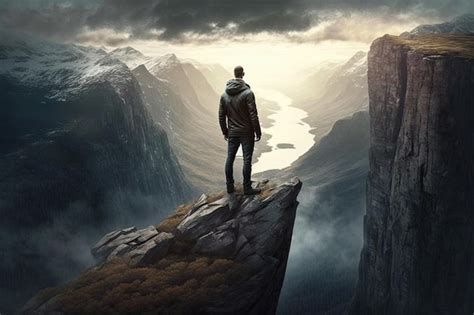 Premium AI Image Man Standing On The Edge Of A Mountain Cliff Looking