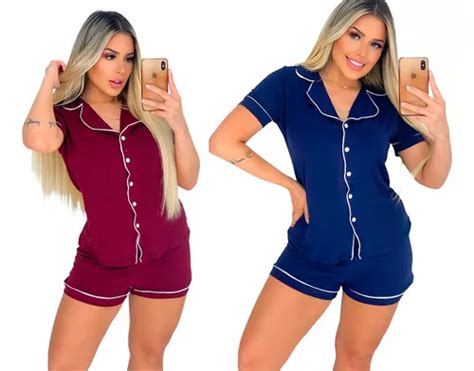 Kit Pijamas Curto Americano Adulto Marsala E Azul Feminino Frete Gr Tis